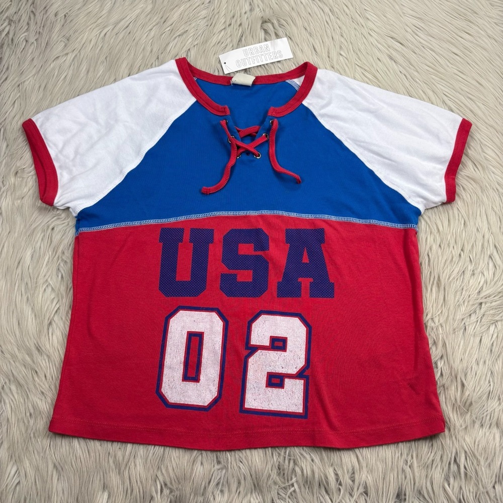 NWT Urban Outfitters Women's XXL Cropped Colorblock Tee USA 02 Lace‎ Up Neck
